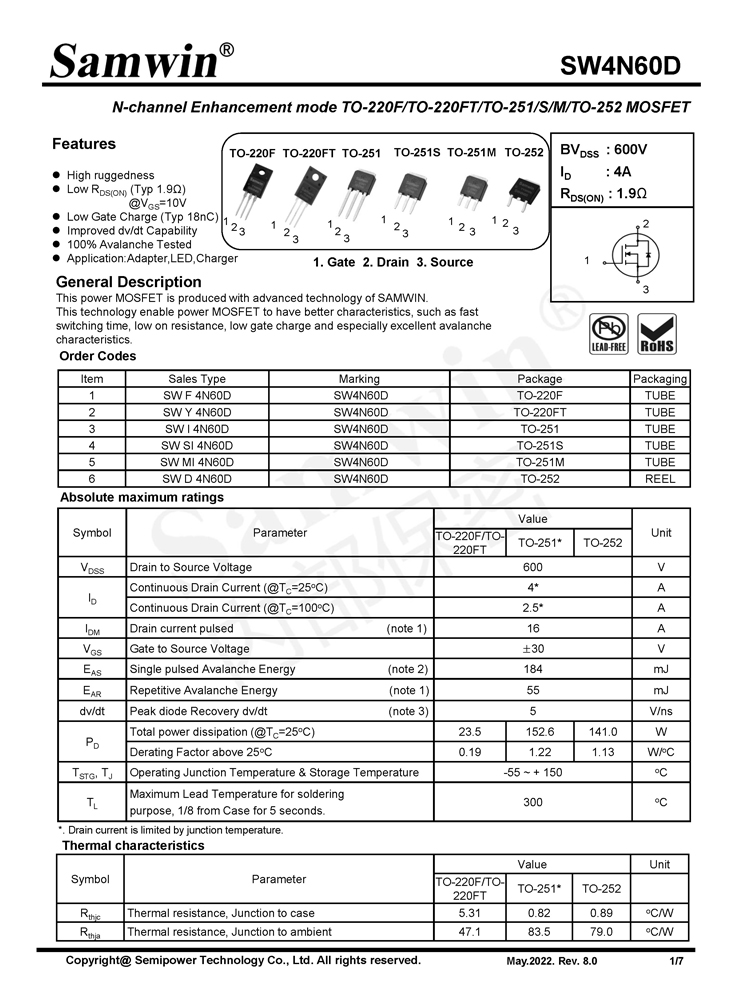 Samwin SW4N60D N-channel Enhancement mode TO-220F/TO-220FT/TO-251/S/M/TO-252 MOSFET