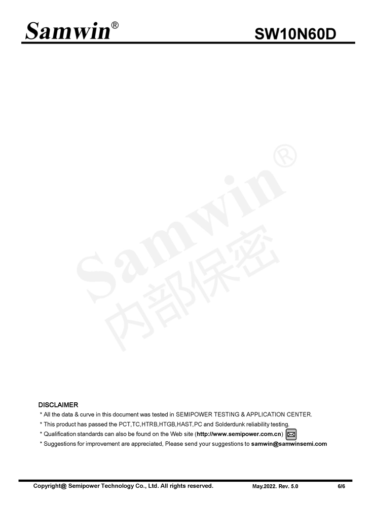 Samwin SW10N60D N-channel Enhanced mode TO-220F MOSFET