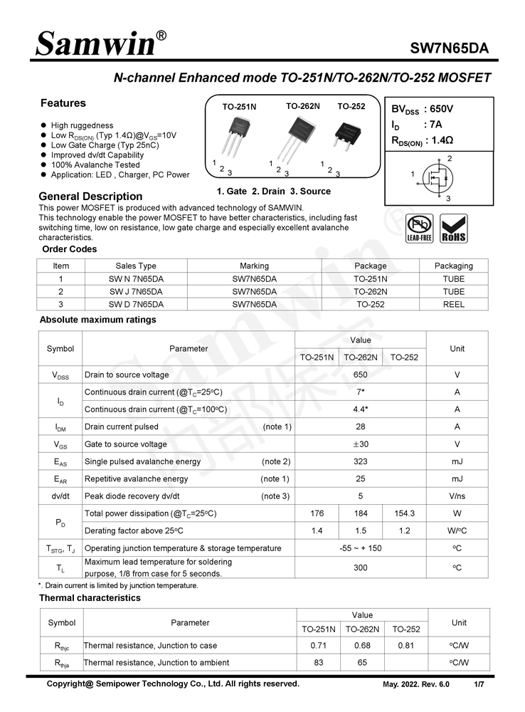 Samwin SW7N65DA N-channel Enhanced mode TO-251N/TO-262N/TO-252 MOSFET