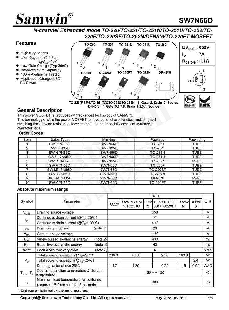 Samwin SW7N65D N-channel Enhanced mode TO-220/TO-251/TO-251N/TO-251U/TO-252/TO-220F/TO-220SF/TO-262N/DFN5*6/TO-220FT MOSFET