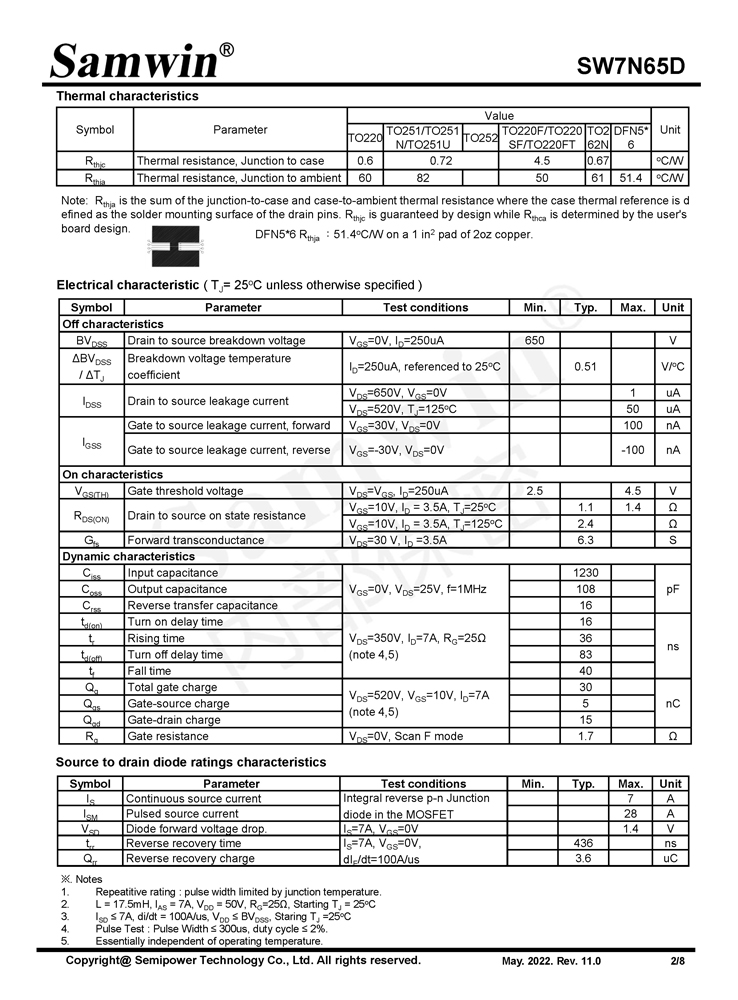 Samwin SW7N65D N-channel Enhanced mode TO-220/TO-251/TO-251N/TO-251U/TO-252/TO-220F/TO-220SF/TO-262N/DFN5*6/TO-220FT MOSFET