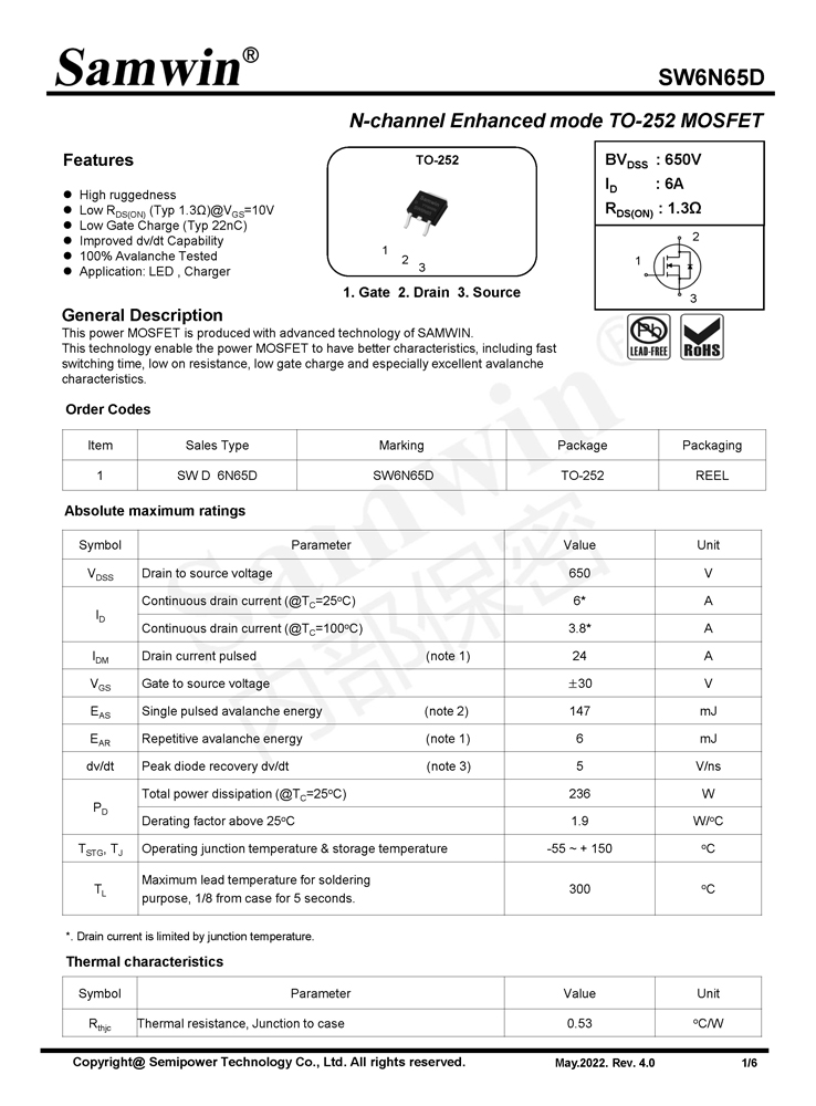 Samwin SW6N65D N-channel Enhanced mode TO-252 MOSFET