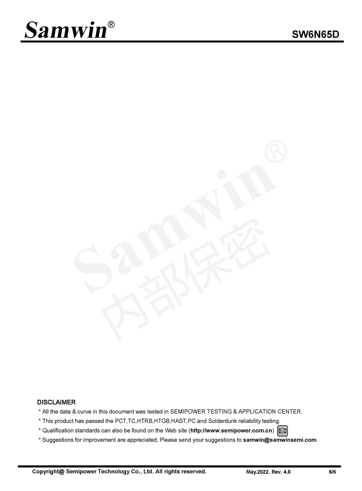 Samwin SW6N65D N-channel Enhanced mode TO-252 MOSFET