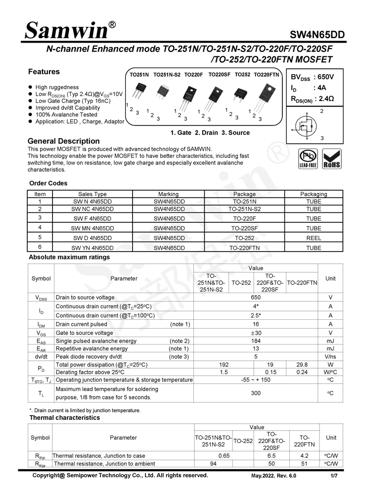 Samwin SW4N65DD N-channel Enhanced mode TO-251N/TO-251N-S2/TO-220F/TO-220SF/TO-252/TO-220FTN MOSFET