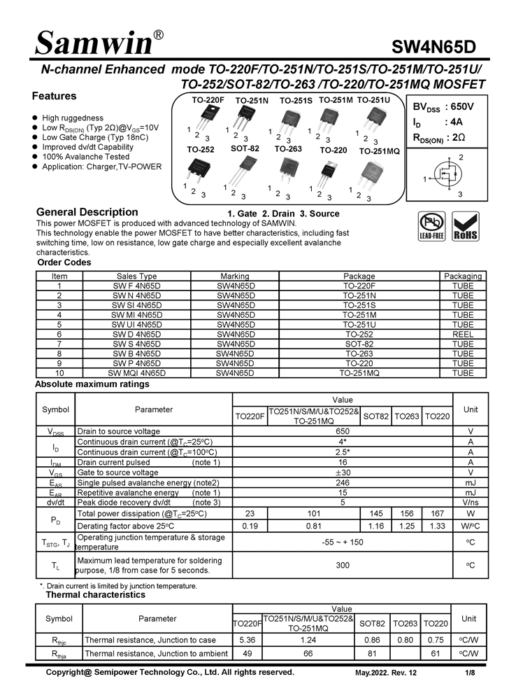 Samwin SW4N65D N-channel Enhanced mode TO-220F/TO-251N/TO-251S/TO-251M/TO-251U/TO-252/SOT-82/TO-263 /TO-220/TO-251MQ MOSFET