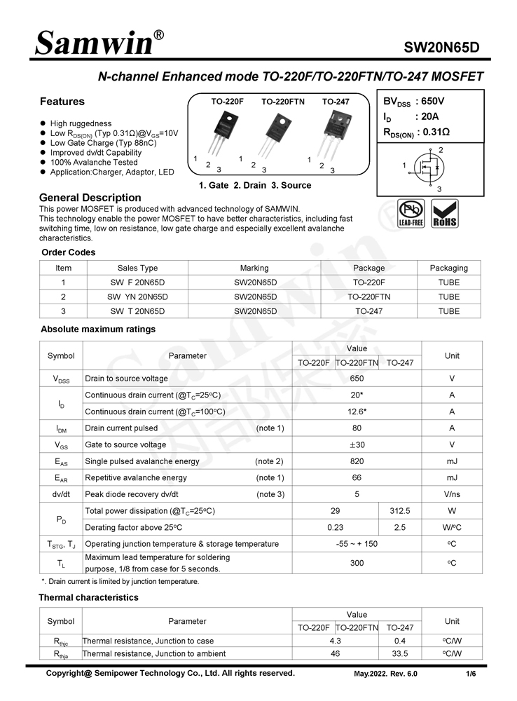 Samwin SW20N65D N-channel Enhanced mode TO-220F/TO-220FTN/TO-247 MOSFET