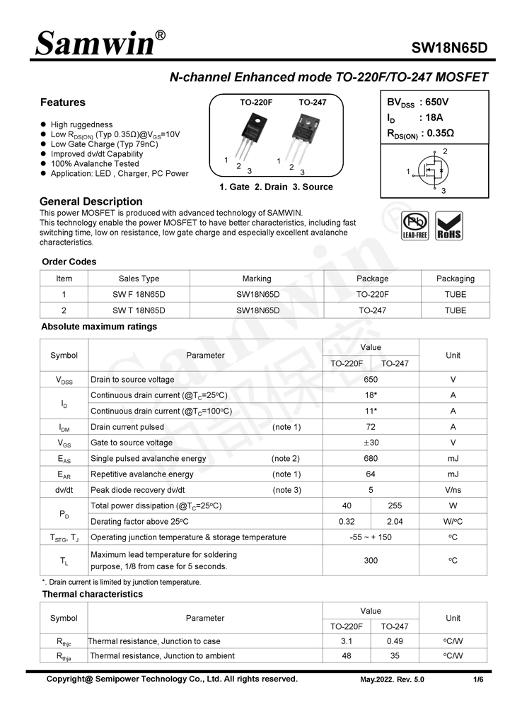 Samwin SW18N65D N-channel Enhanced mode TO-220F/TO-247 MOSFET