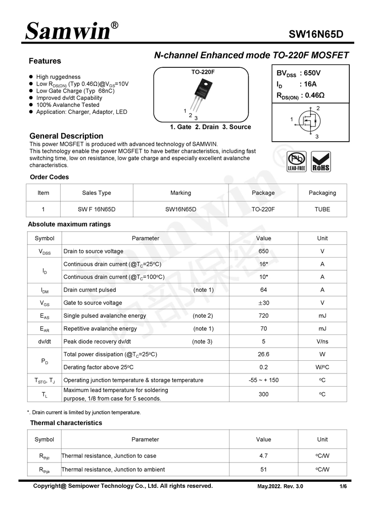 Samwin SW16N65D N-channel Enhanced mode TO-220F MOSFET