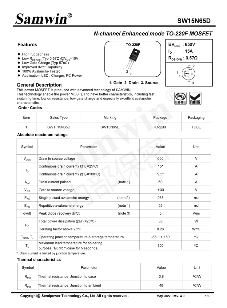 Samwin SW15N65D N-channel Enhanced mode TO-220F MOSFET