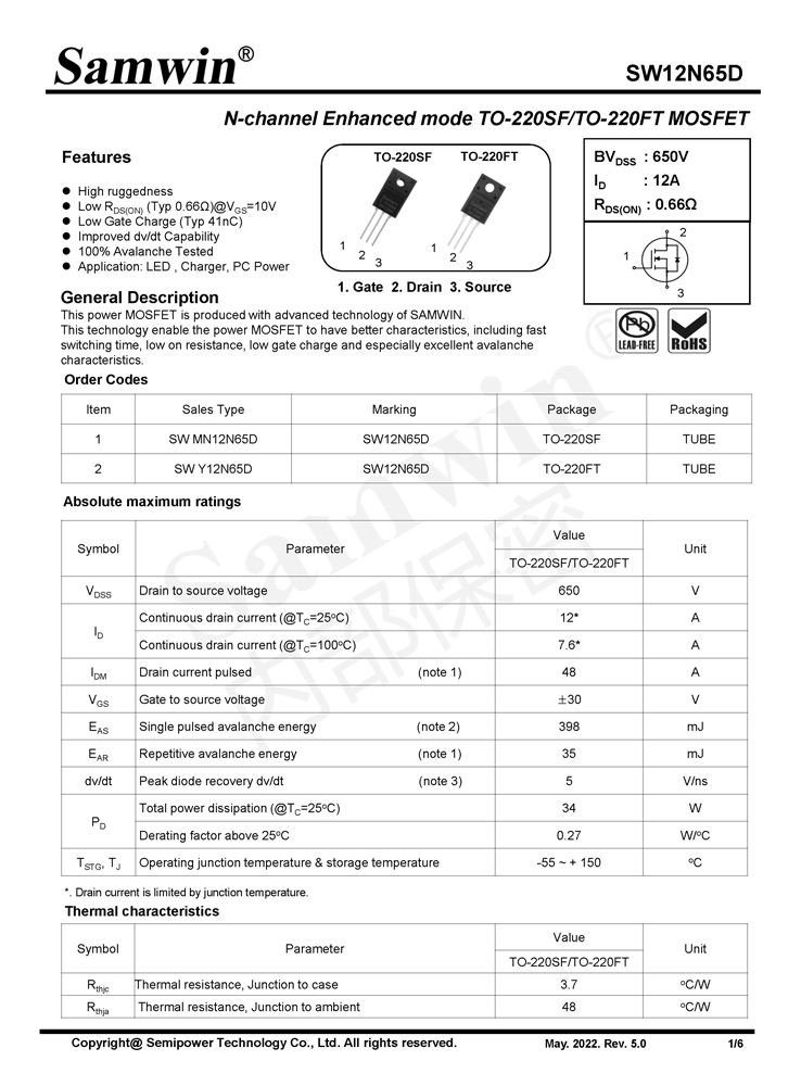 Samwin SW12N65D N-channel Enhanced mode TO-220SF/TO-220FT MOSFET