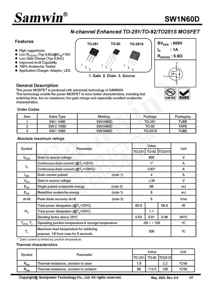 Samwin SW1N60D N-channel Enhanced TO-251/TO-92/TO251S MOSFET