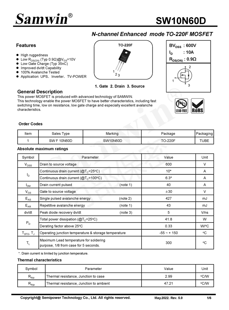 Samwin SW10N60D N-channel Enhanced mode TO-220F MOSFET