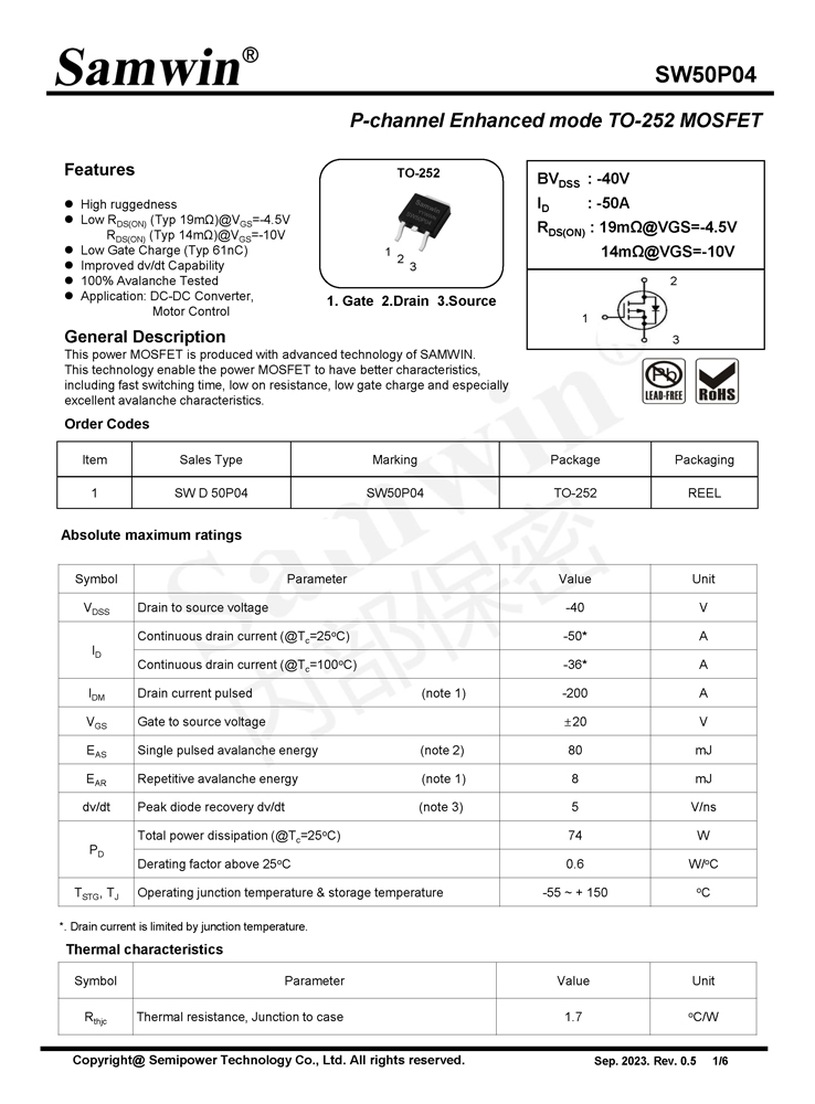 Samwin SW50P04 P-channel Enhanced mode TO-252 MOSFET