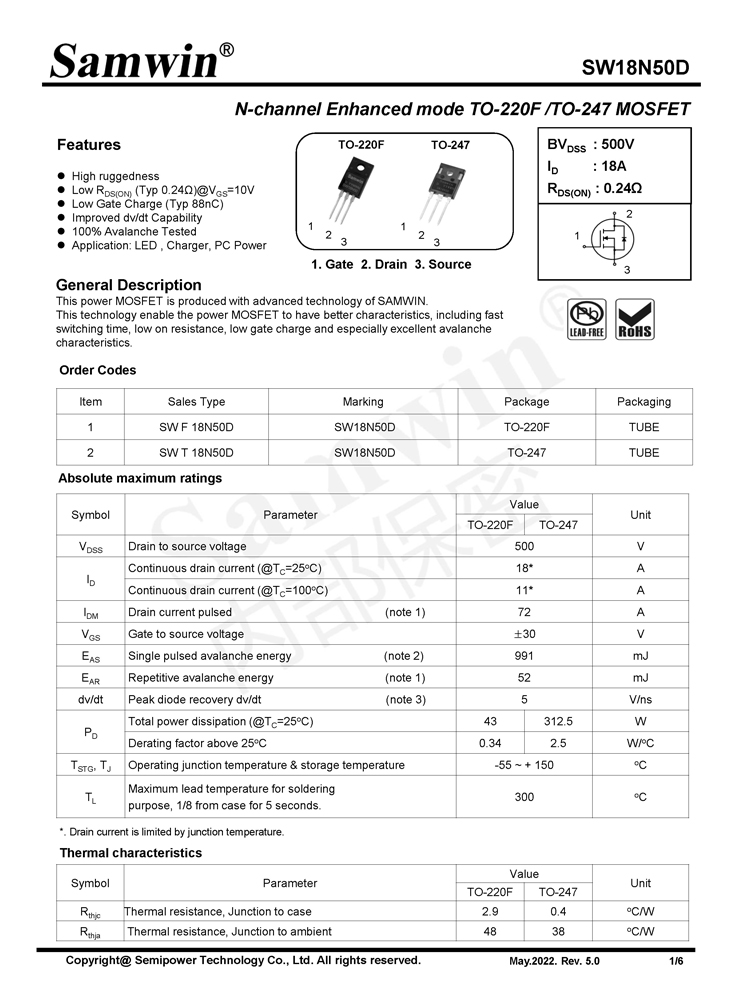 Samwin SW18N50D N-channel Enhanced mode TO-220F/TO-247 MOSFET