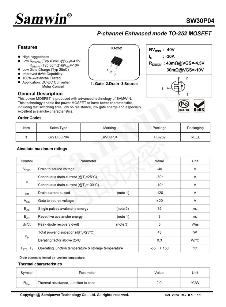 Samwin SW30P04 P-channel Enhanced mode TO-252 MOSFET