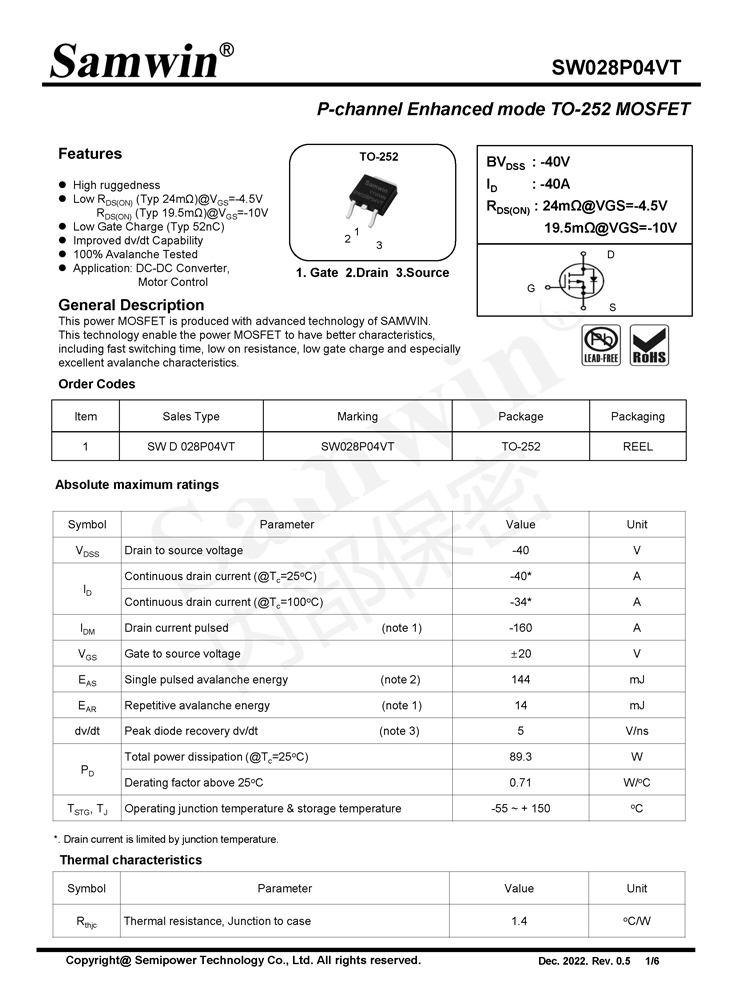 Samwin SW028P04VT P-channel Enhanced mode TO-252 MOSFET