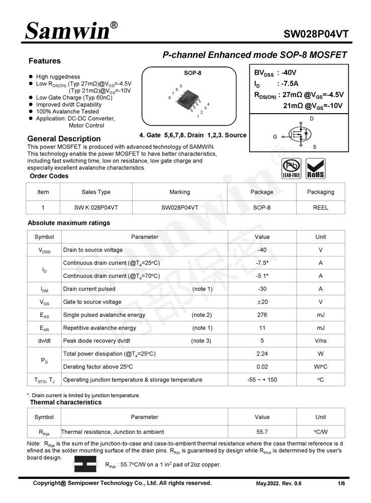 Samwin SW028P04VT P-channel Enhanced mode SOP-8 MOSFET