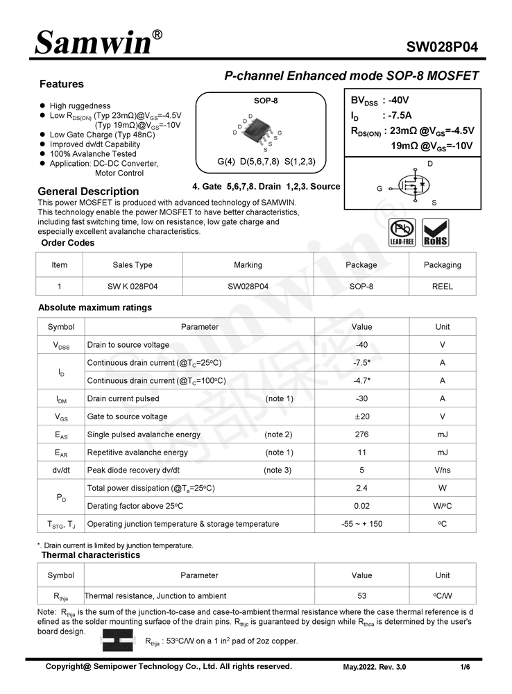 Samwin SW028P04 P-channel Enhanced mode SOP-8 MOSFET