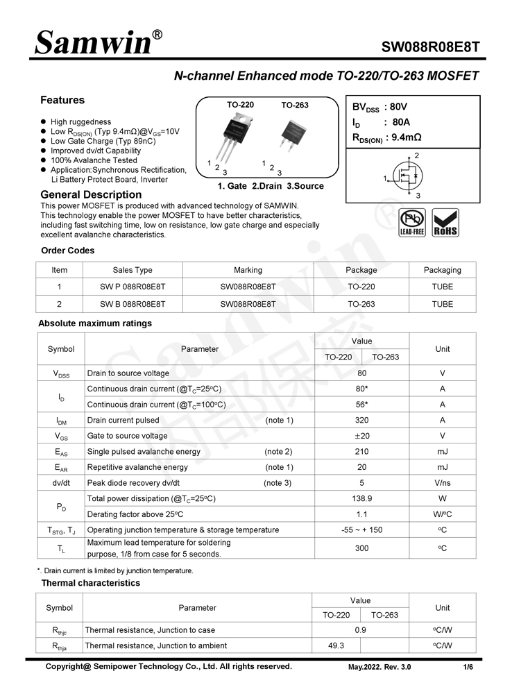 Samwin SW088R08E8T N-channel Enhanced mode TO-220/TO-263 MOSFET