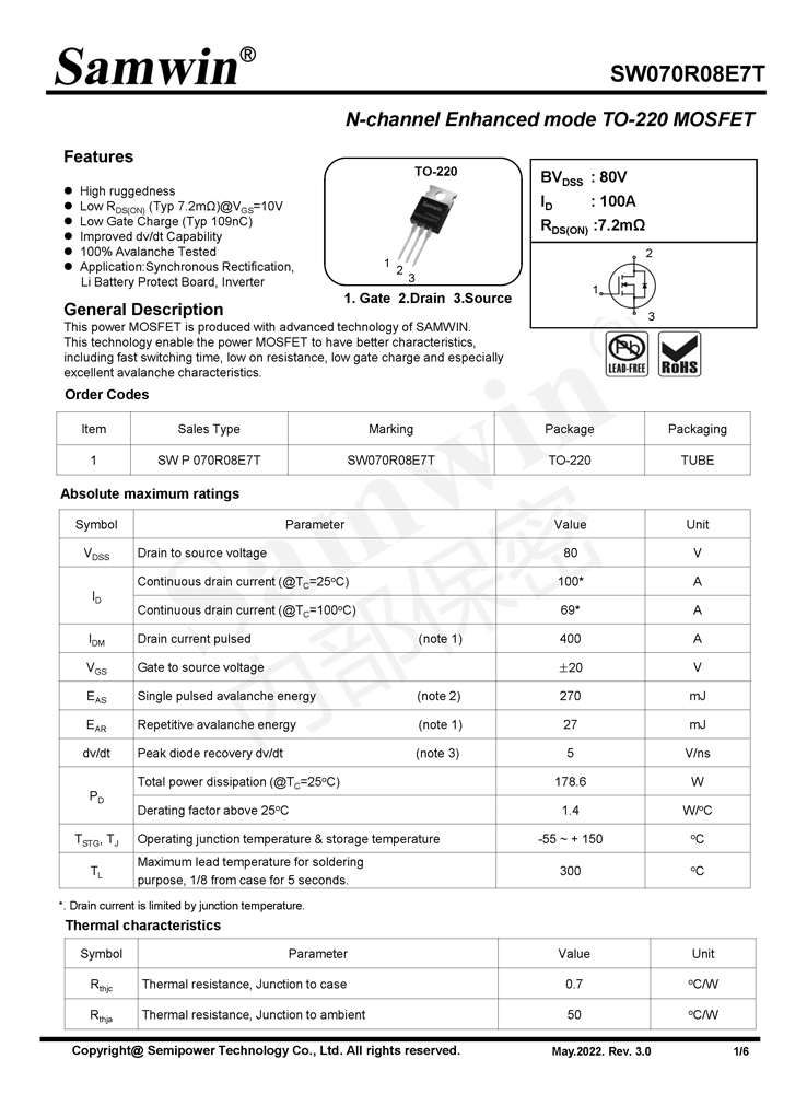 Samwin SW070R08E7T N-channel Enhanced mode TO-220 MOSFET