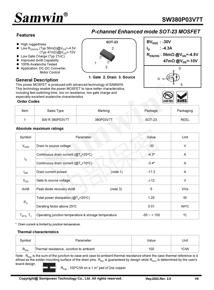 Samwin SW380P03V7T P-channel Enhanced mode SOT-23 MOSFET