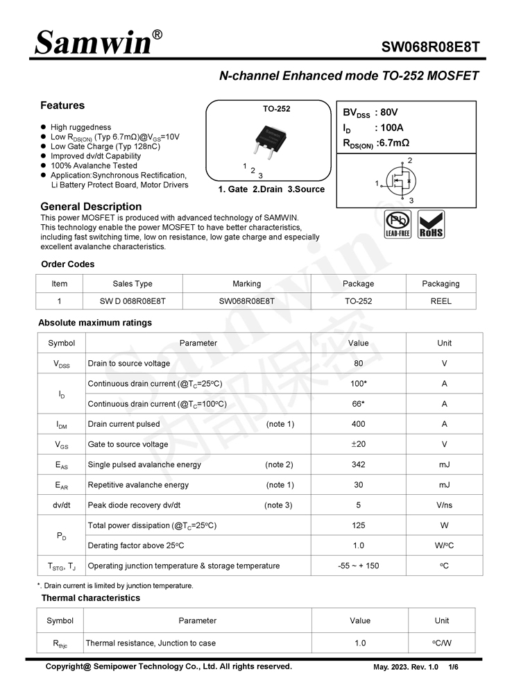 Samwin SW068R08E8T N-channel Enhanced mode TO-252 MOSFET