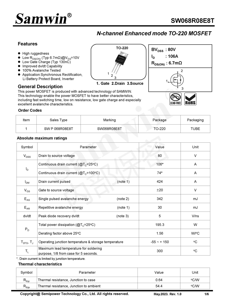 Samwin SW068R08E8T N-channel Enhanced mode TO-220 MOSFET