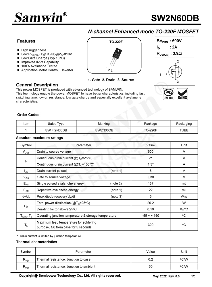 Samwin SW2N60DB N-channel Enhanced mode TO-220F MOSFET