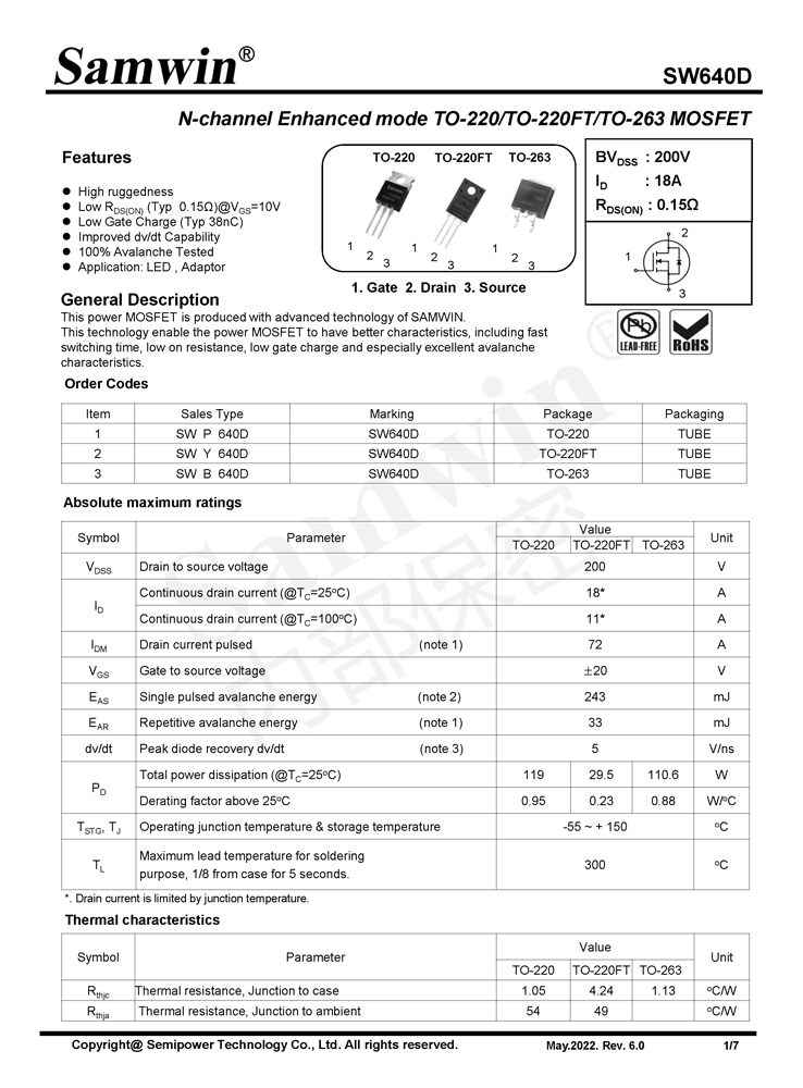 Samwin SW640D N-channel Enhanced mode TO-220/TO-220FT/TO-263 MOSFET