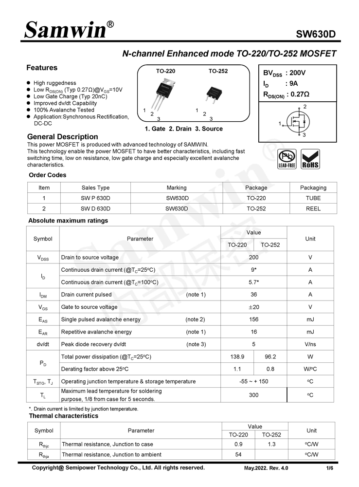 Samwin SW630D N-channel Enhanced mode TO-220/TO-252 MOSFET