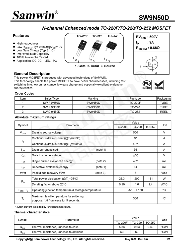 Samwin SW9N50D N-channel Enhanced mode TO-220F/TO-220/TO-252 MOSFET