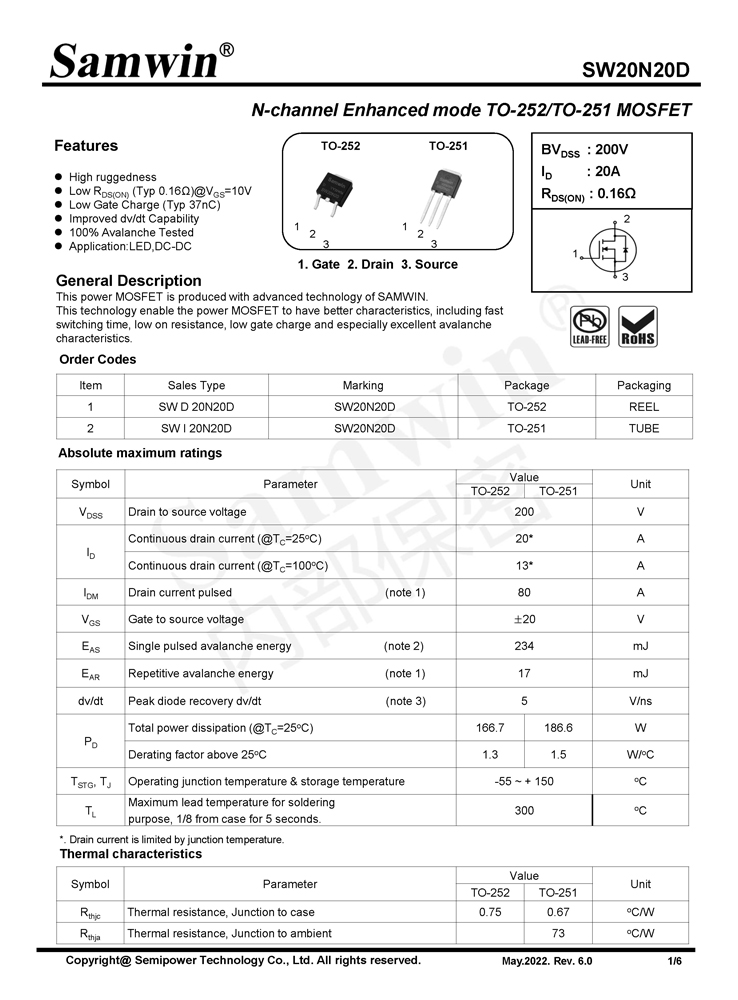 Samwin SW20N20D N-channel Enhanced mode TO-252/TO-251 MOSFET