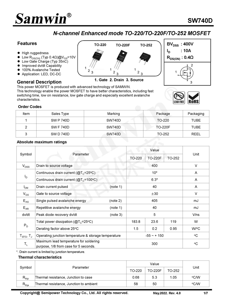 Samwin SW740D N-channel Enhanced mode TO-220/TO-220F/TO-252 MOSFET