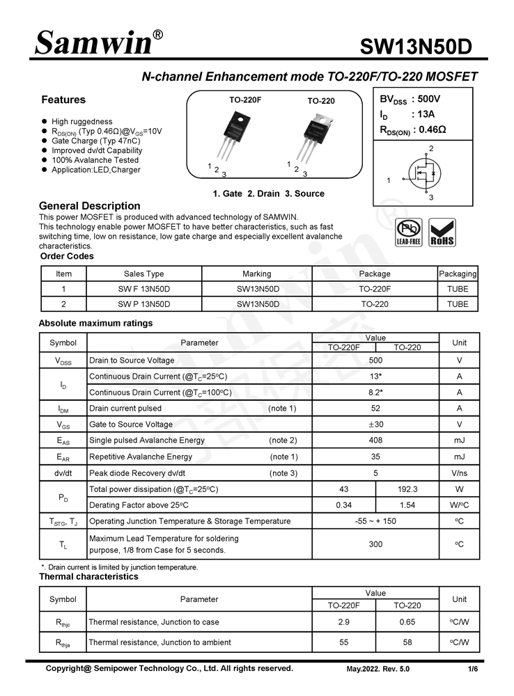 Samwin SW13N50D N-channel Enhancement mode TO-220F/TO-220 MOSFET