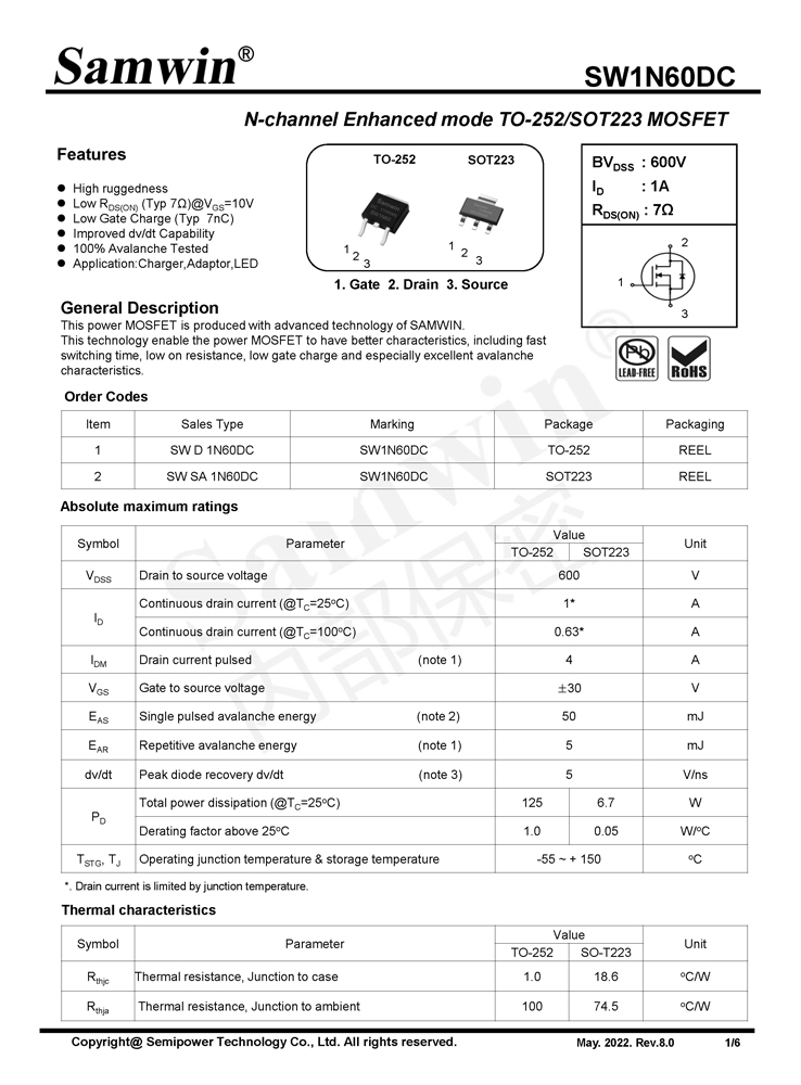 Samwin SW1N60DC N-channel Enhanced mode TO-252/SOT223 MOSFET