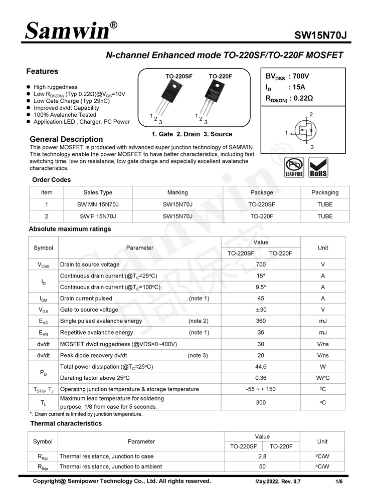 Samwin SW15N70J N-channel Enhanced mode TO-220SF/TO-220F MOSFET