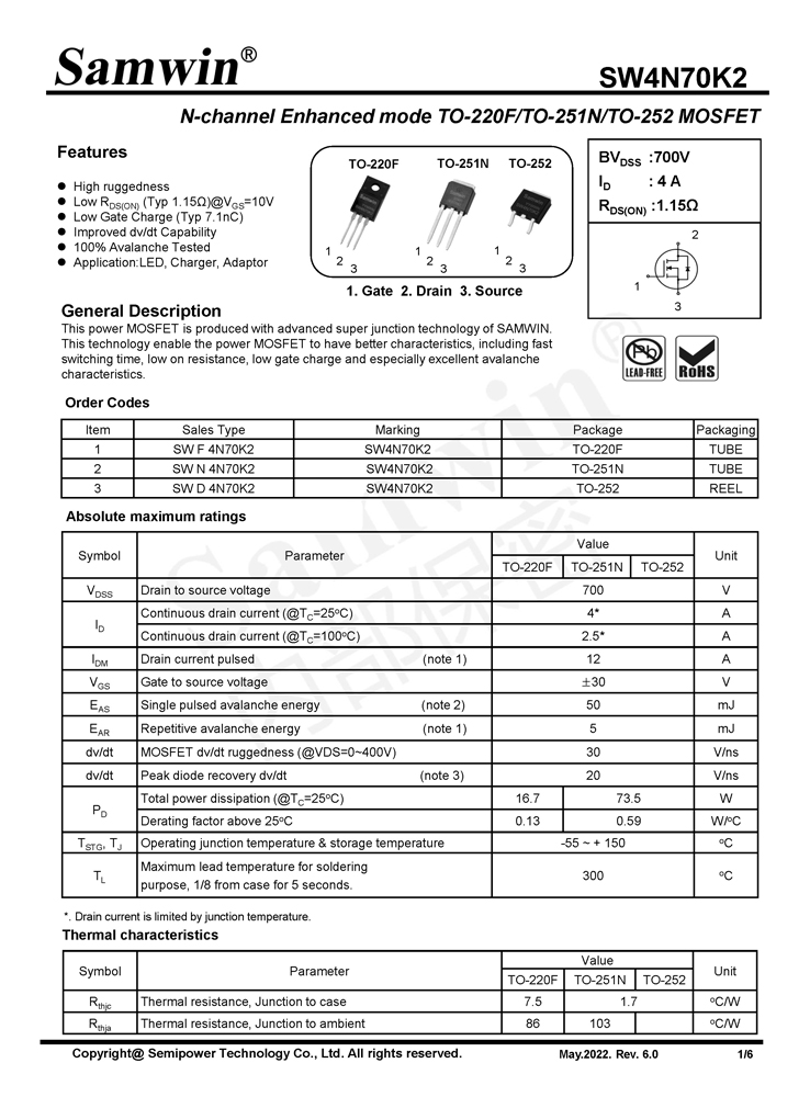 Samwin SW4N70K2 N-channel Enhanced mode TO-220F/TO-251N/TO-252 MOSFET