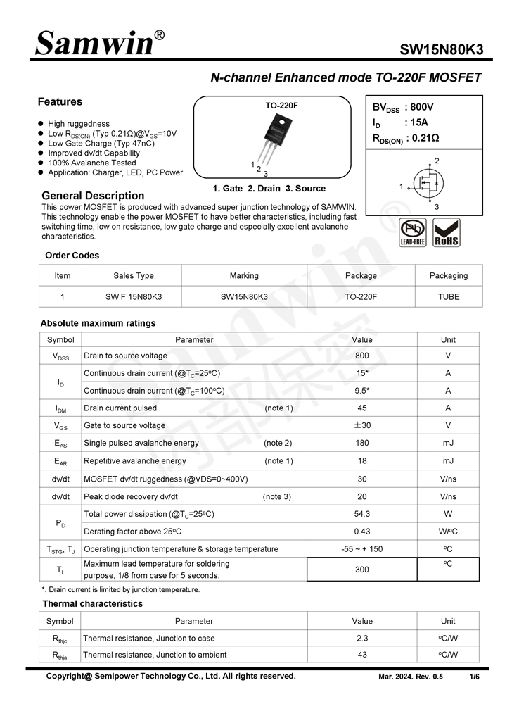 Samwin SW15N80K3 N-channel Enhanced mode TO-220F MOSFET