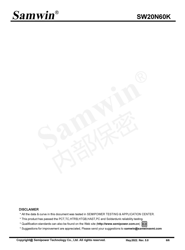 Samwin SW20N60K N-channel Enhanced mode TO-220F MOSFET