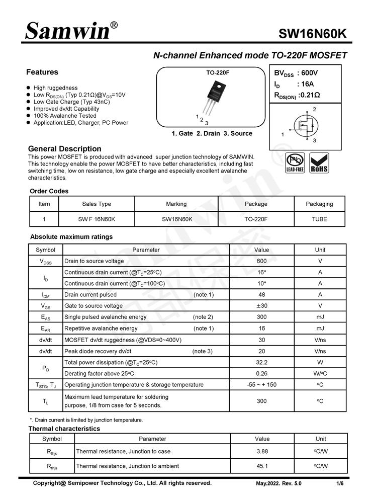 Samwin SW16N60K N-channel Enhanced mode TO-220F MOSFET