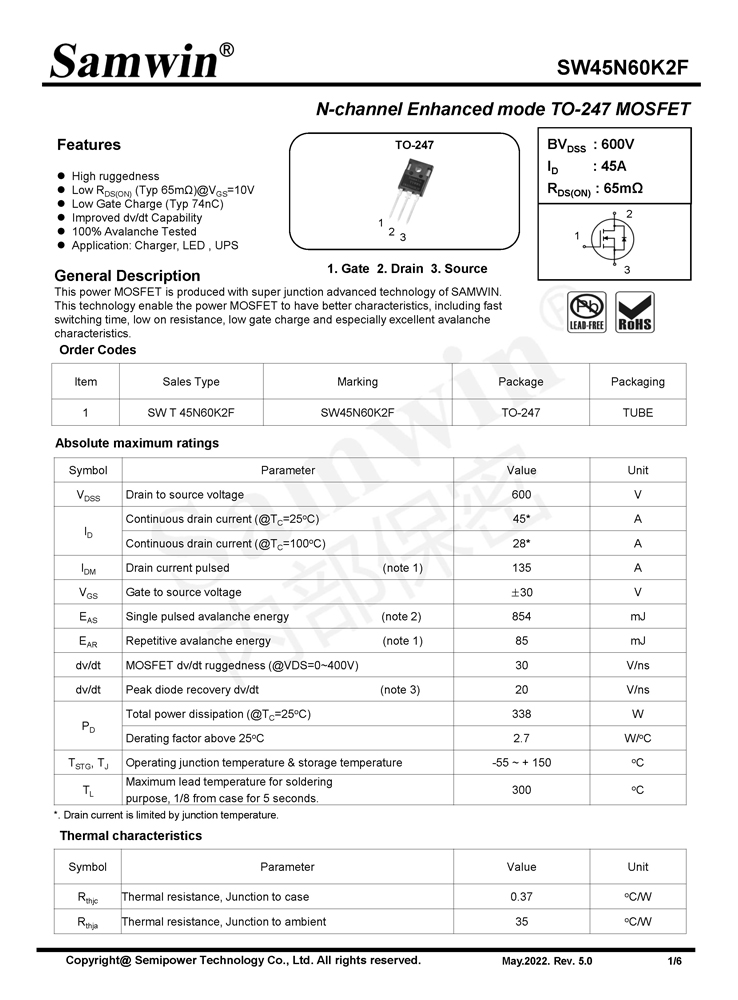 Samwin SW45N60K2F N-channel Enhanced mode TO-247 MOSFET