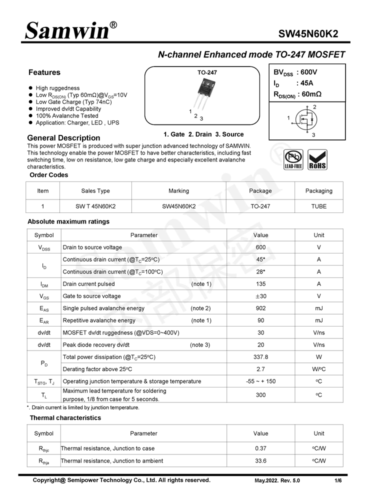 Samwin SW45N60K2 N-channel Enhanced mode TO-247 MOSFET