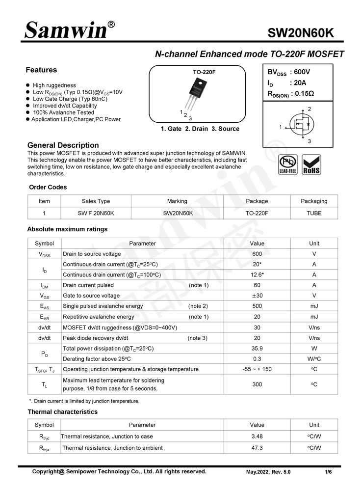 Samwin SW20N60K N-channel Enhanced mode TO-220F MOSFET