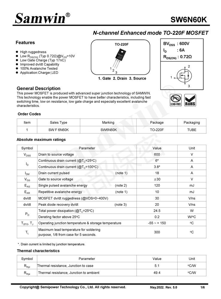 Samwin SW6N60K N-channel Enhanced mode TO-220F MOSFET