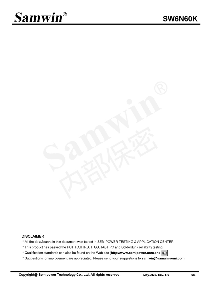 Samwin SW6N60K N-channel Enhanced mode TO-220F MOSFET