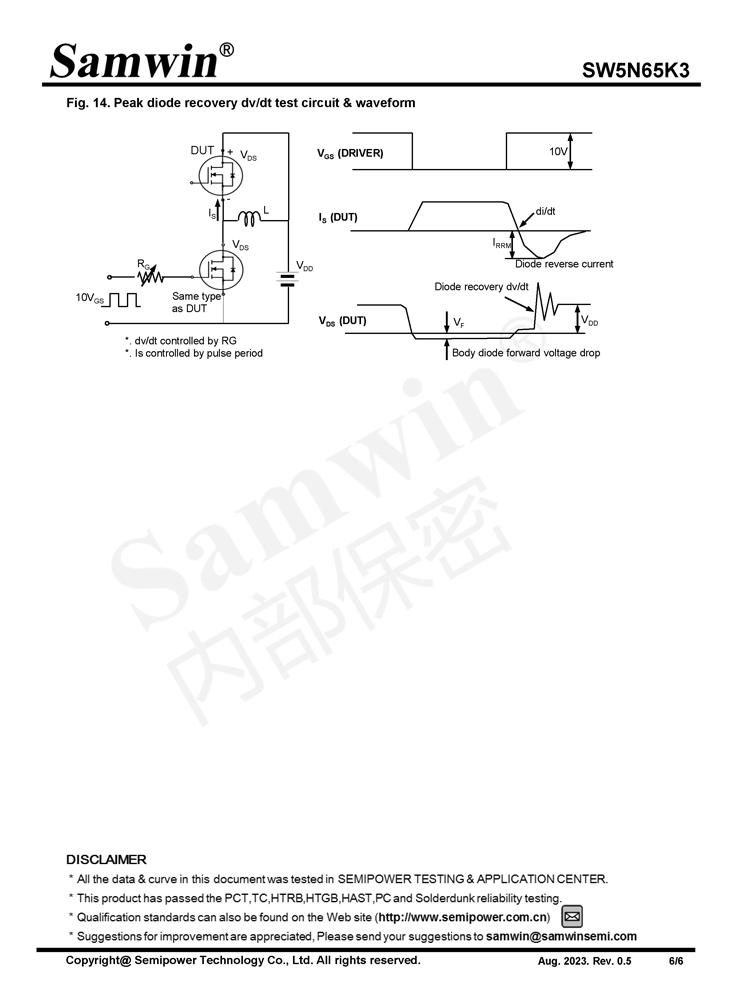 Samwin SW5N65K3 N-channel Enhanced mode TO-252 MOSFET