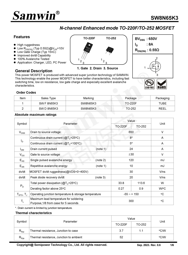 Samwin SW8N65K3 N-channel Enhanced mode TO-220F/TO-252 MOSFET