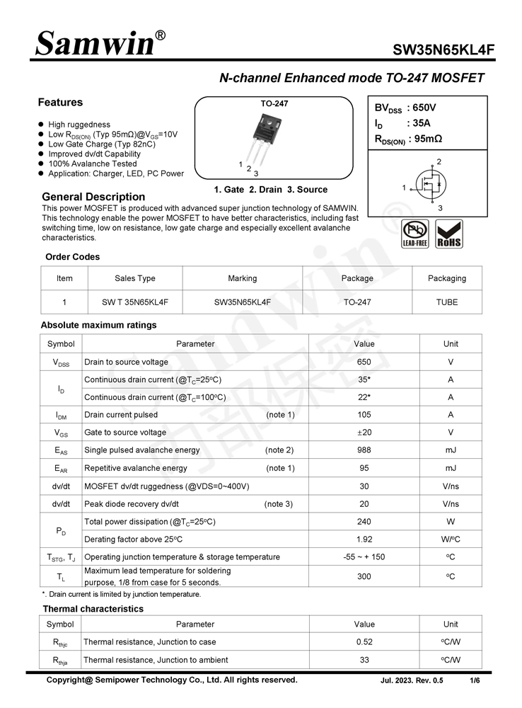 Samwin SW35N65KL4F N-channel Enhanced mode TO-247 MOSFET