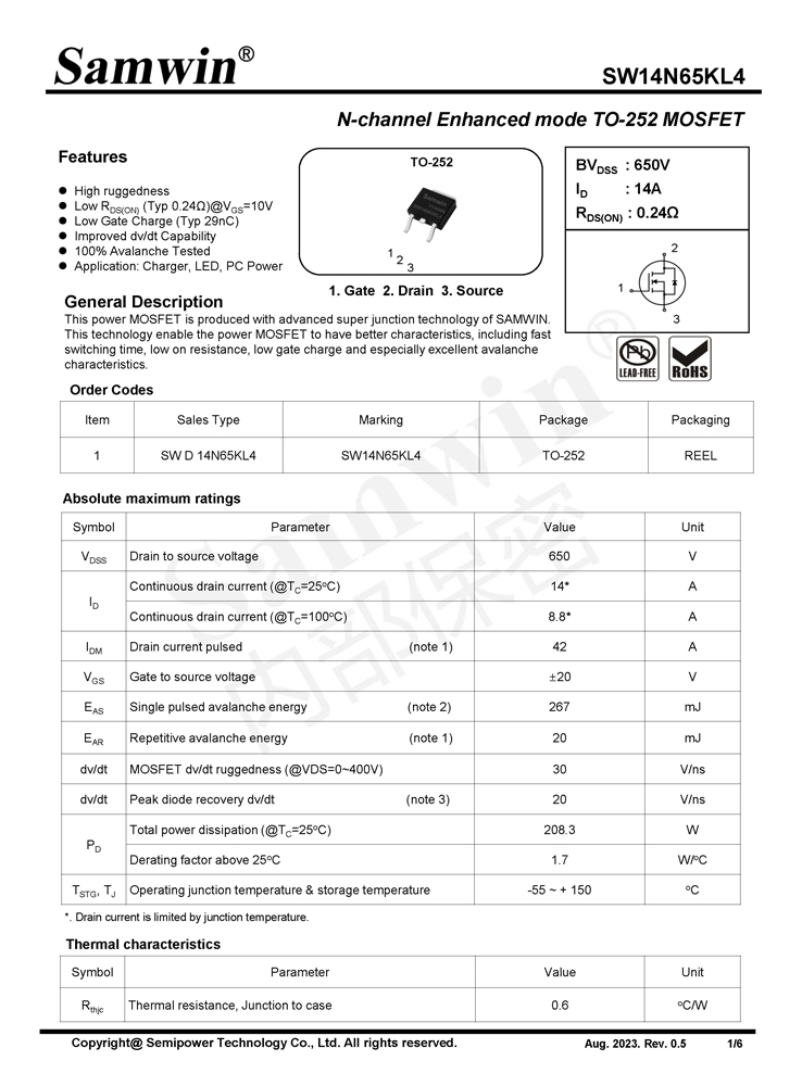 Samwin SW14N65KL4 N-channel Enhanced mode TO-252 MOSFET