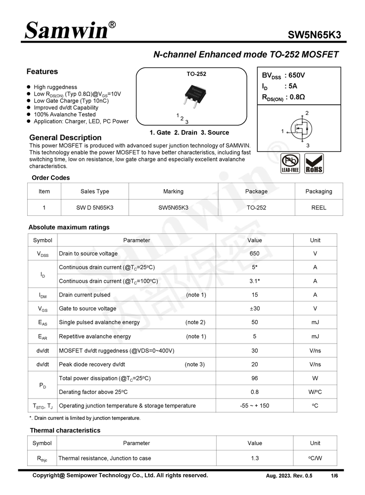 Samwin SW5N65K3 N-channel Enhanced mode TO-252 MOSFET